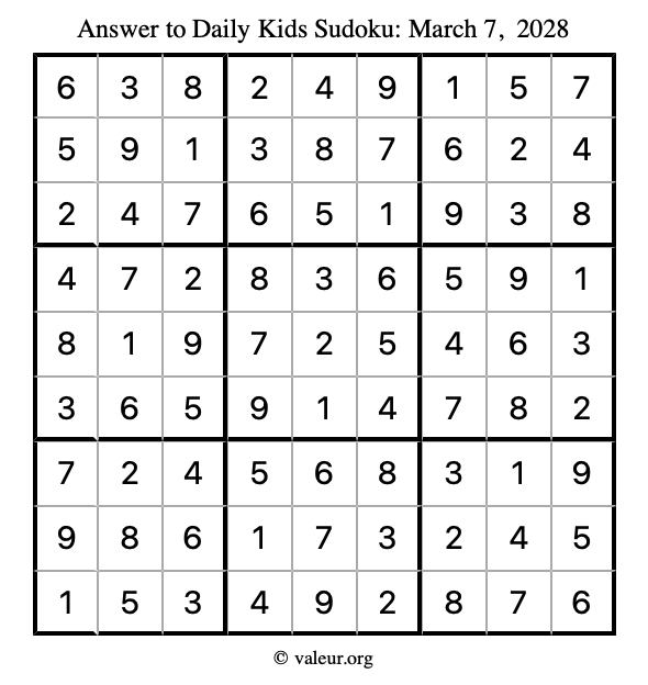 Answer to kids sudoku March 7, 2028