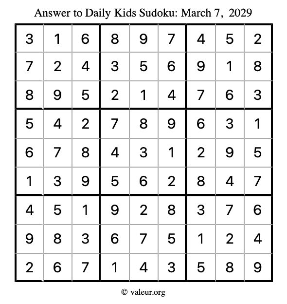 Answer to kids sudoku March 7, 2029