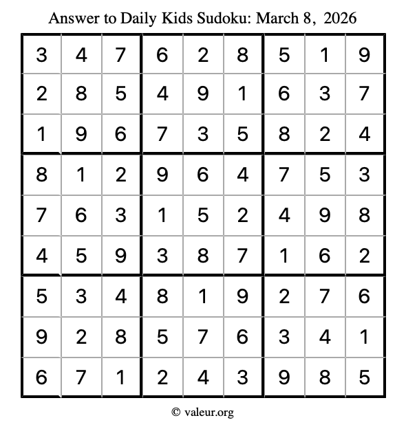 Answer to kids sudoku March 8, 2026