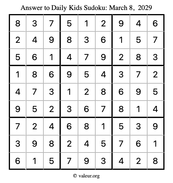 Answer to kids sudoku March 8, 2029