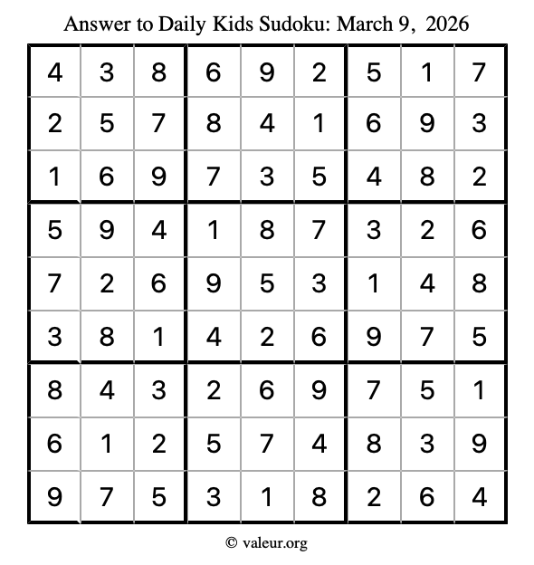 Answer to kids sudoku March 9, 2026
