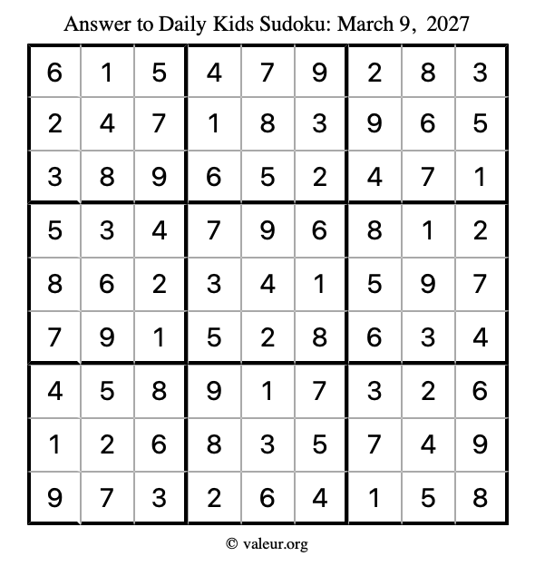 Answer to kids sudoku March 9, 2027