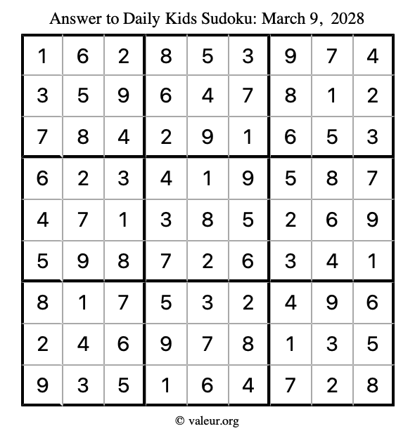 Answer to kids sudoku March 9, 2028