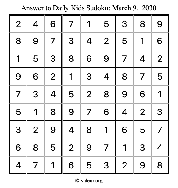 Answer to kids sudoku March 9, 2030