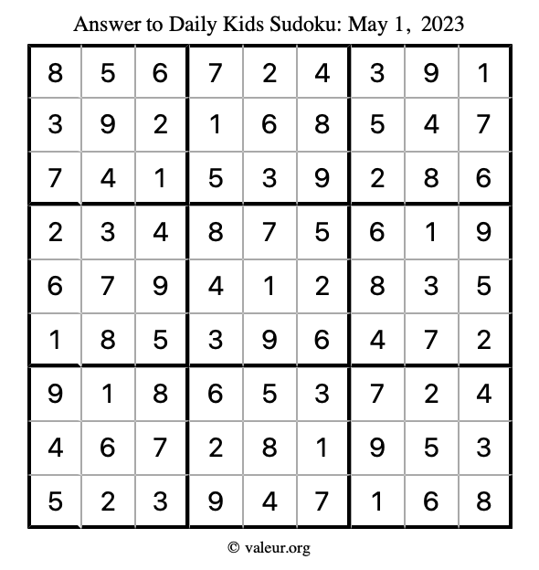 Answer to kids sudoku May 1, 2023