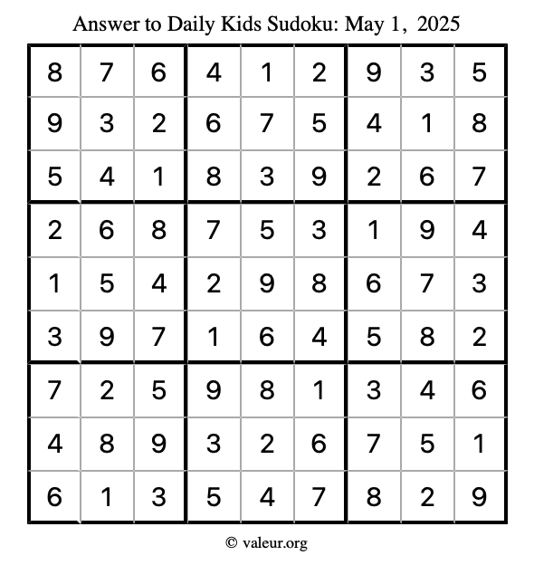 Answer to kids sudoku May 1, 2025