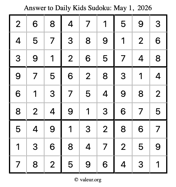 Answer to kids sudoku May 1, 2026