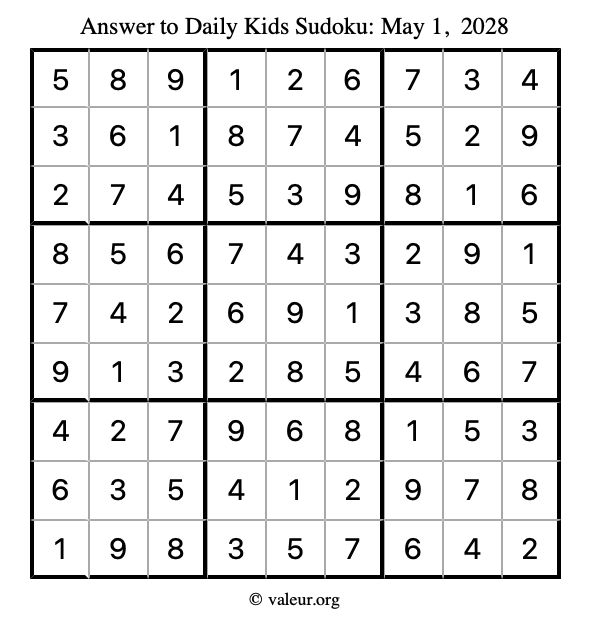 Answer to kids sudoku May 1, 2028