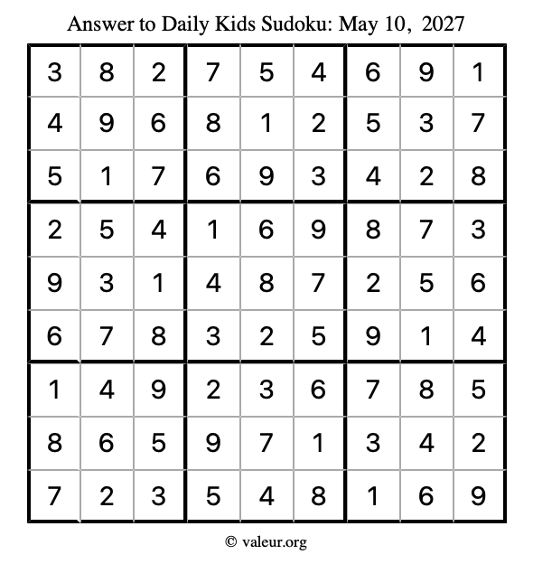 Answer to kids sudoku May 10, 2027