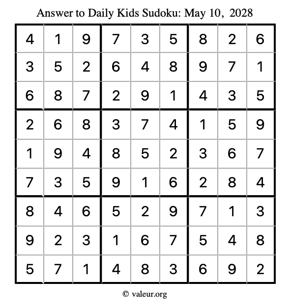 Answer to kids sudoku May 10, 2028