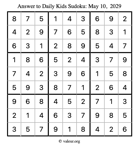Answer to kids sudoku May 10, 2029