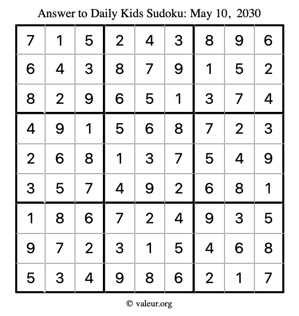 Answer to kids sudoku May 10, 2030