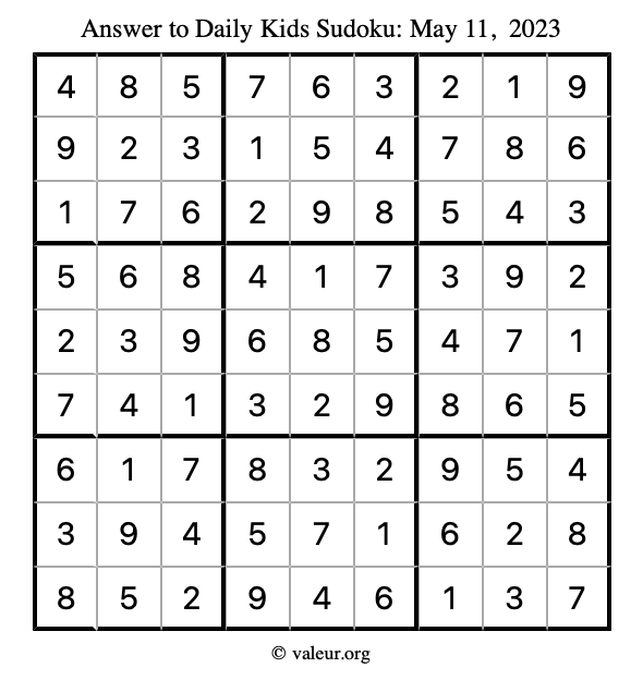 Answer to kids sudoku May 11, 2023