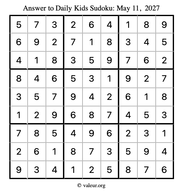 Answer to kids sudoku May 11, 2027