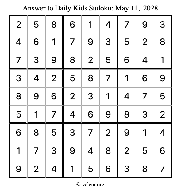 Answer to kids sudoku May 11, 2028