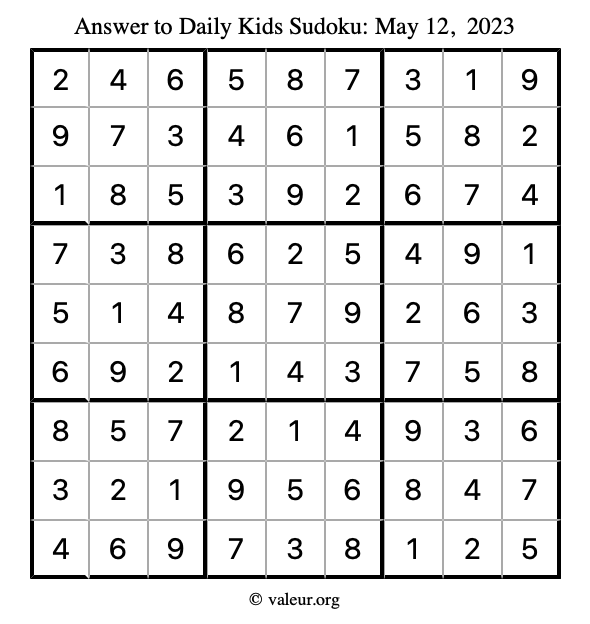 Answer to kids sudoku May 12, 2023