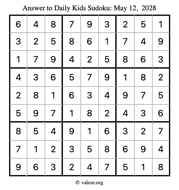 Answer to kids sudoku May 12, 2028