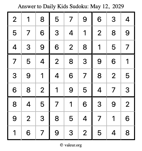 Answer to kids sudoku May 12, 2029