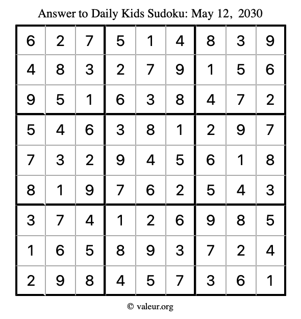 Answer to kids sudoku May 12, 2030