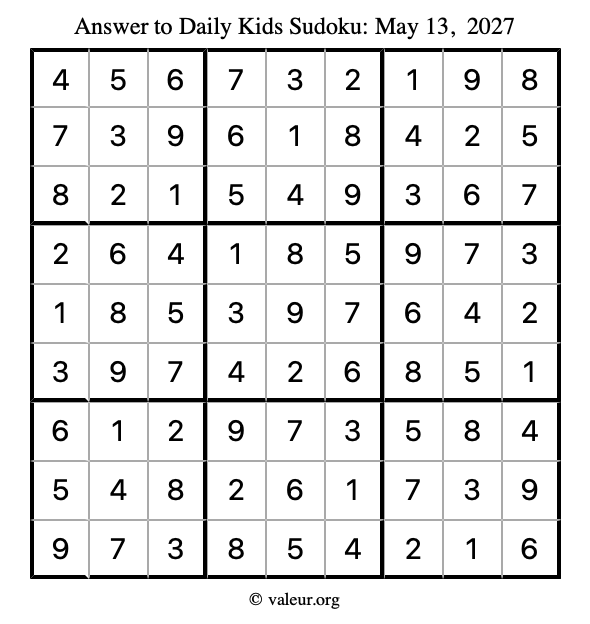Answer to kids sudoku May 13, 2027