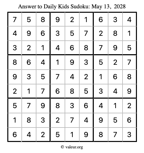 Answer to kids sudoku May 13, 2028