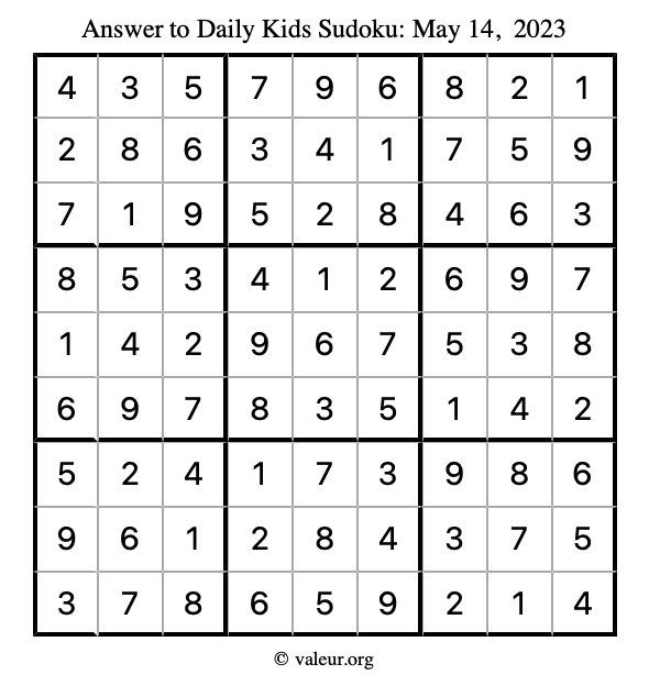 Answer to kids sudoku May 14, 2023