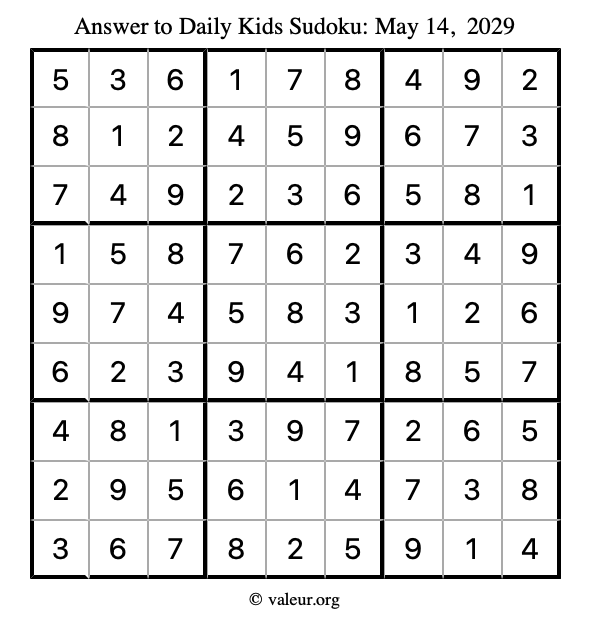Answer to kids sudoku May 14, 2029