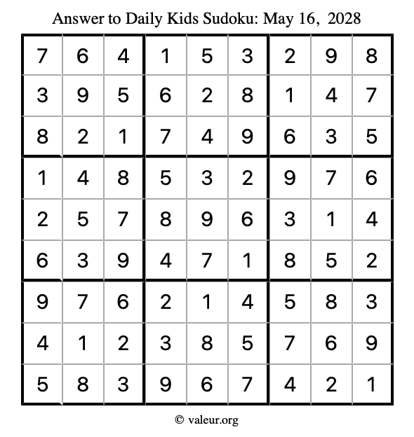 Answer to kids sudoku May 16, 2028
