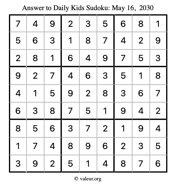 Answer to kids sudoku May 16, 2030