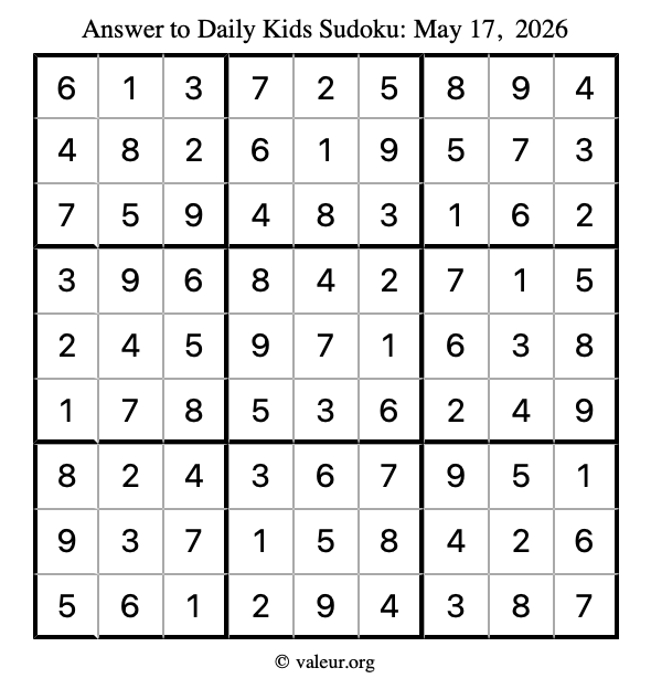 Answer to kids sudoku May 17, 2026
