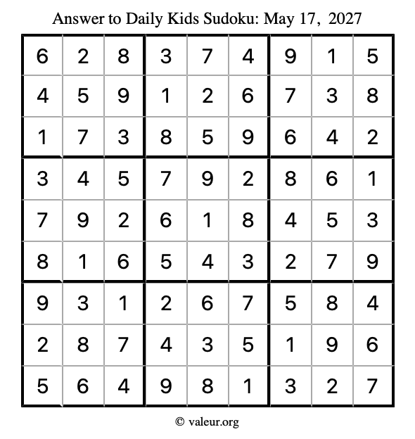 Answer to kids sudoku May 17, 2027