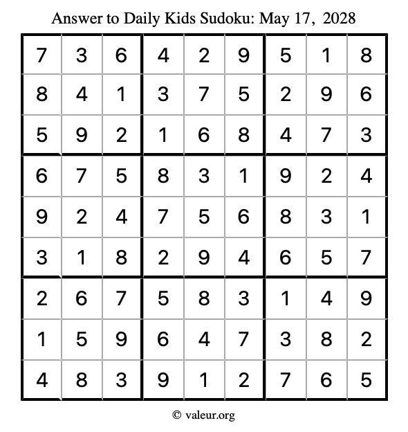 Answer to kids sudoku May 17, 2028