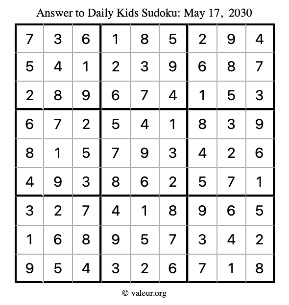 Answer to kids sudoku May 17, 2030