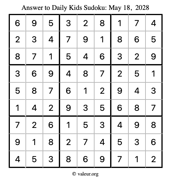 Answer to kids sudoku May 18, 2028