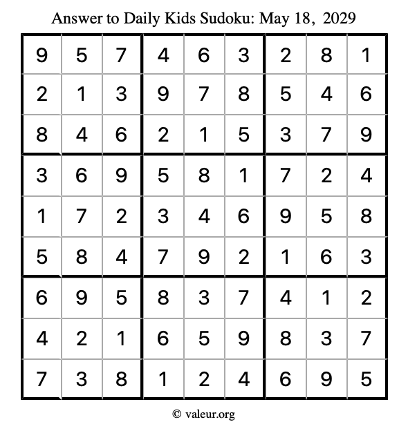 Answer to kids sudoku May 18, 2029