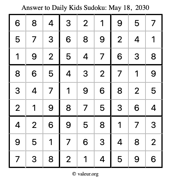 Answer to kids sudoku May 18, 2030
