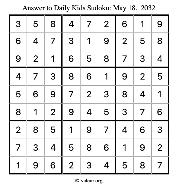 Answer to kids sudoku May 18, 2032