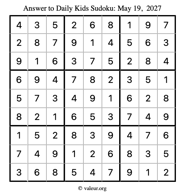 Answer to kids sudoku May 19, 2027