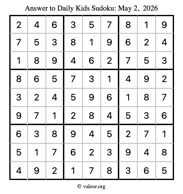Answer to kids sudoku May 2, 2026
