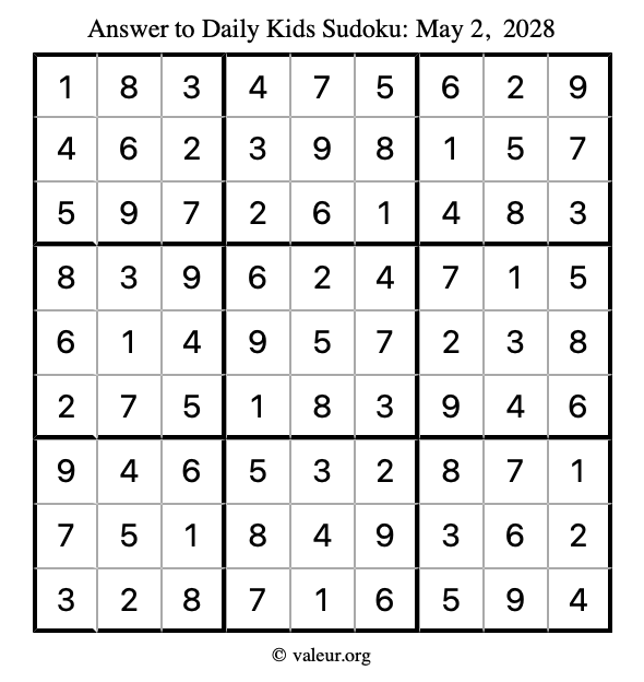Answer to kids sudoku May 2, 2028