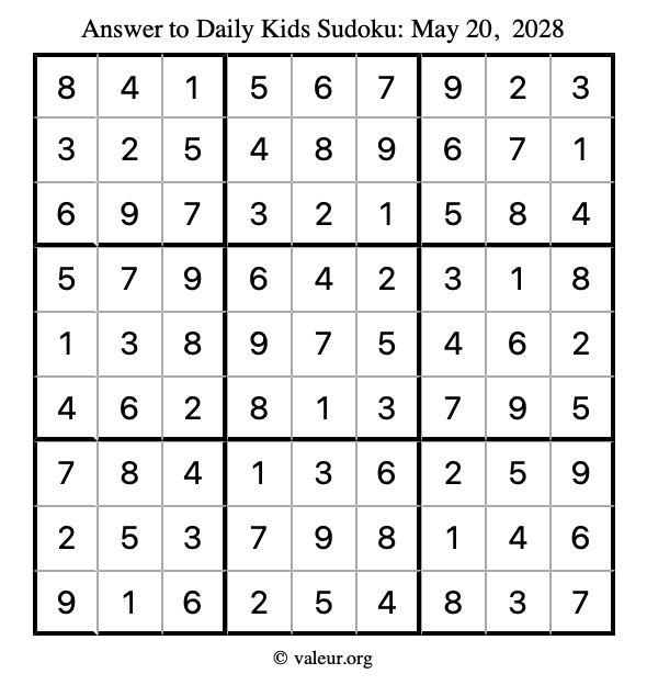 Answer to kids sudoku May 20, 2028