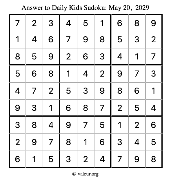 Answer to kids sudoku May 20, 2029