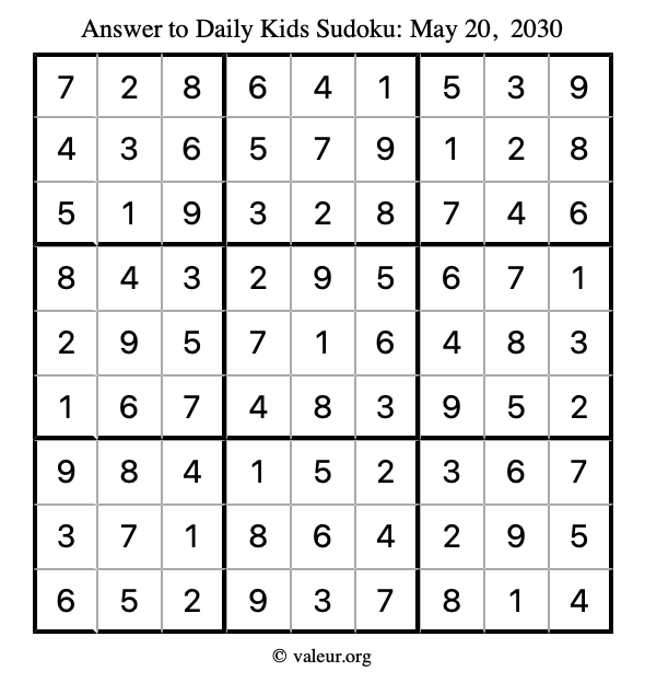 Answer to kids sudoku May 20, 2030
