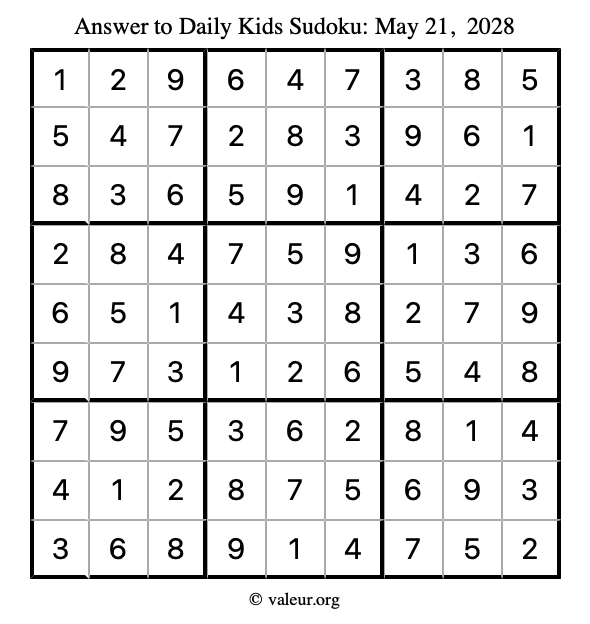 Answer to kids sudoku May 21, 2028