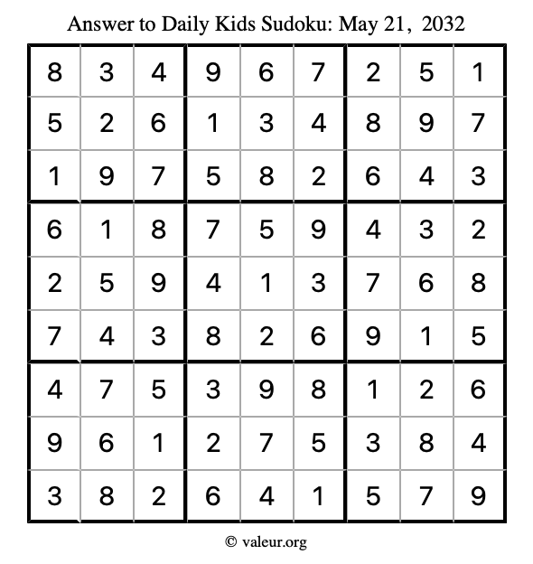 Answer to kids sudoku May 21, 2032