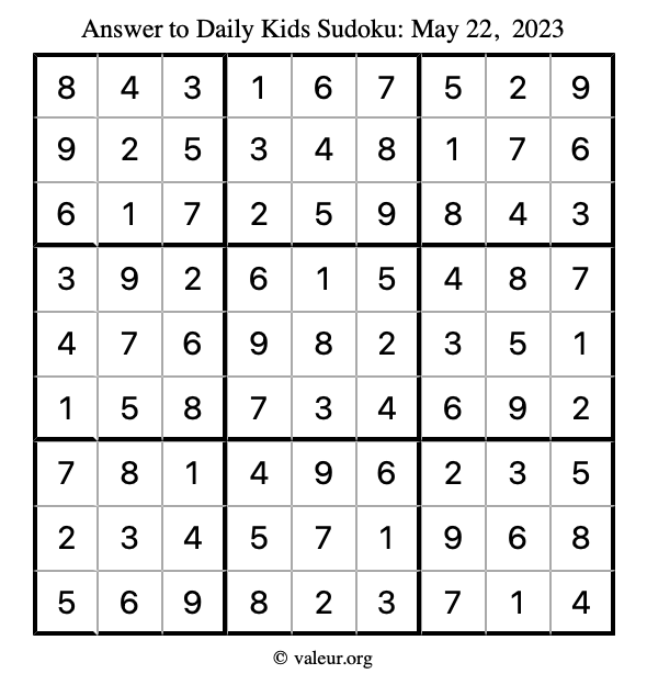 Answer to kids sudoku May 22, 2023