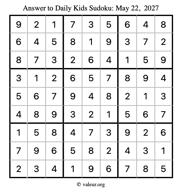 Answer to kids sudoku May 22, 2027