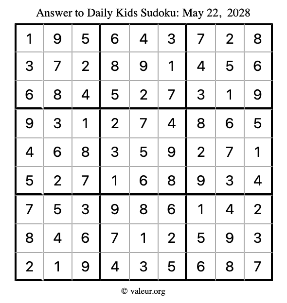 Answer to kids sudoku May 22, 2028