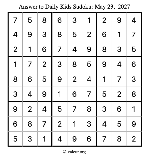 Answer to kids sudoku May 23, 2027