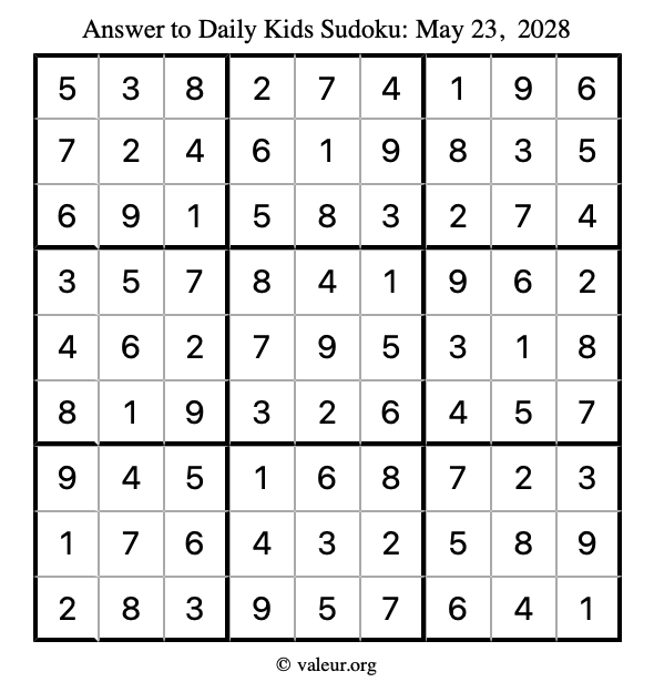 Answer to kids sudoku May 23, 2028
